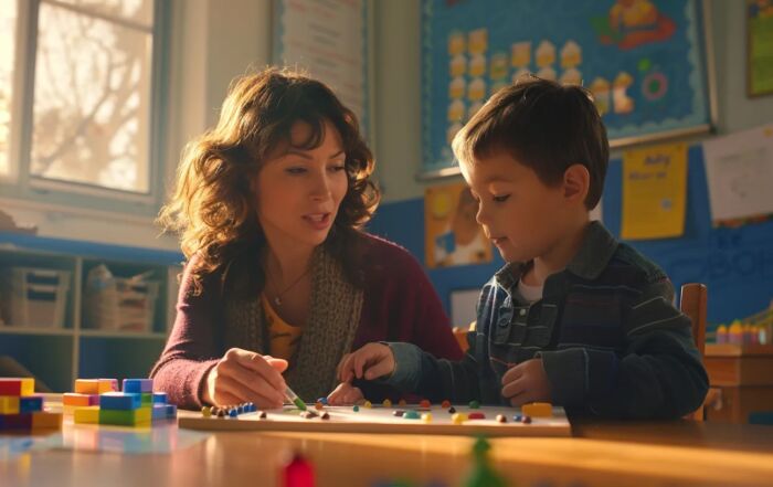 Teacher working with a student using multisensory learning materials.